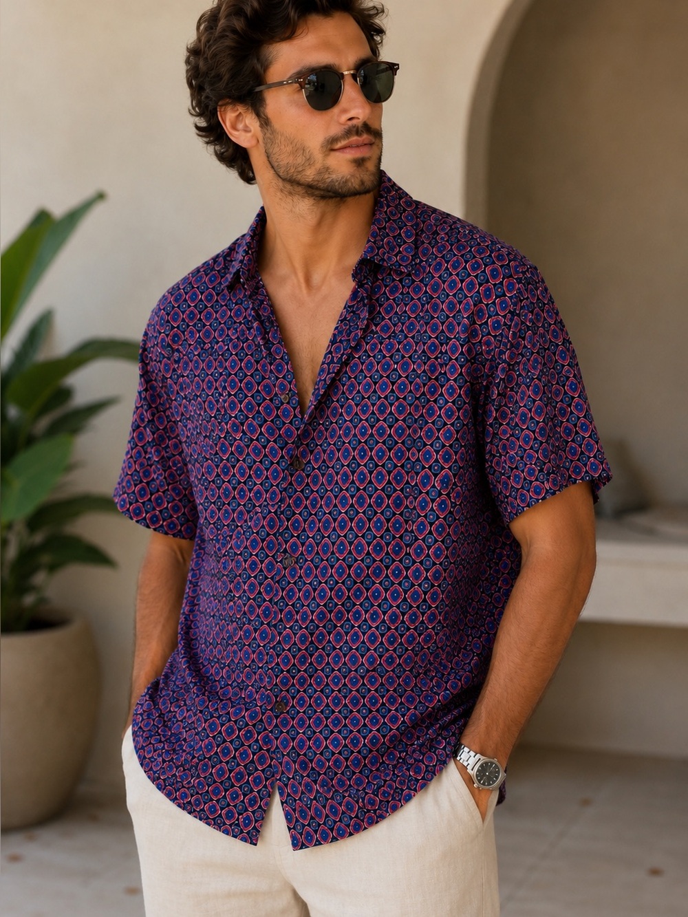Vintage Spring Italy 100% Silk Button-Up Shirt – Retro Geometric Print Men’s XL